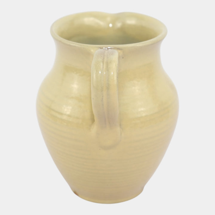 Marblehead Vintage Arts and Crafts Pottery Yellow Ringed Ceramic Handled Pitcher - Just Art Pottery