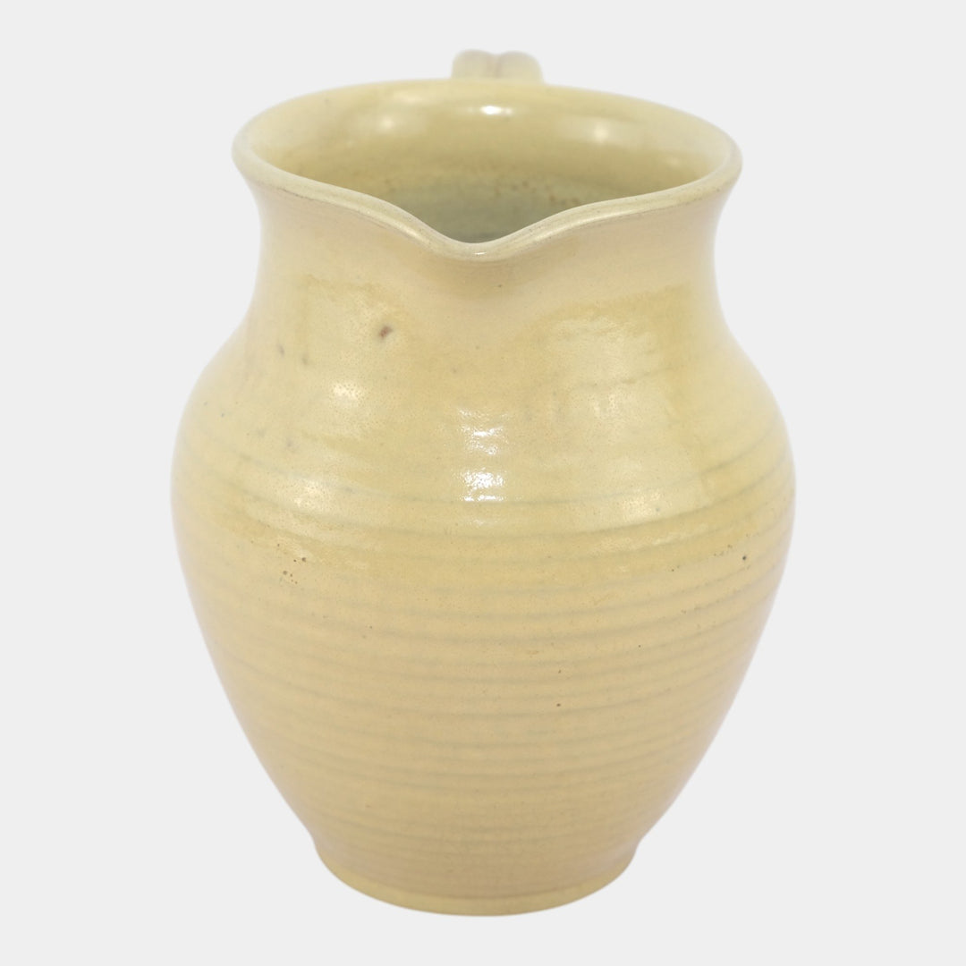 Marblehead Vintage Arts and Crafts Pottery Yellow Ringed Ceramic Handled Pitcher - Just Art Pottery