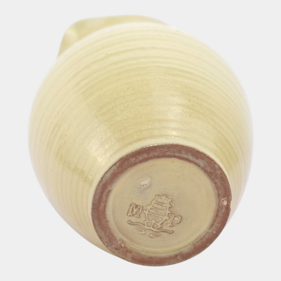 Marblehead Vintage Arts and Crafts Pottery Yellow Ringed Ceramic Handled Pitcher - Just Art Pottery