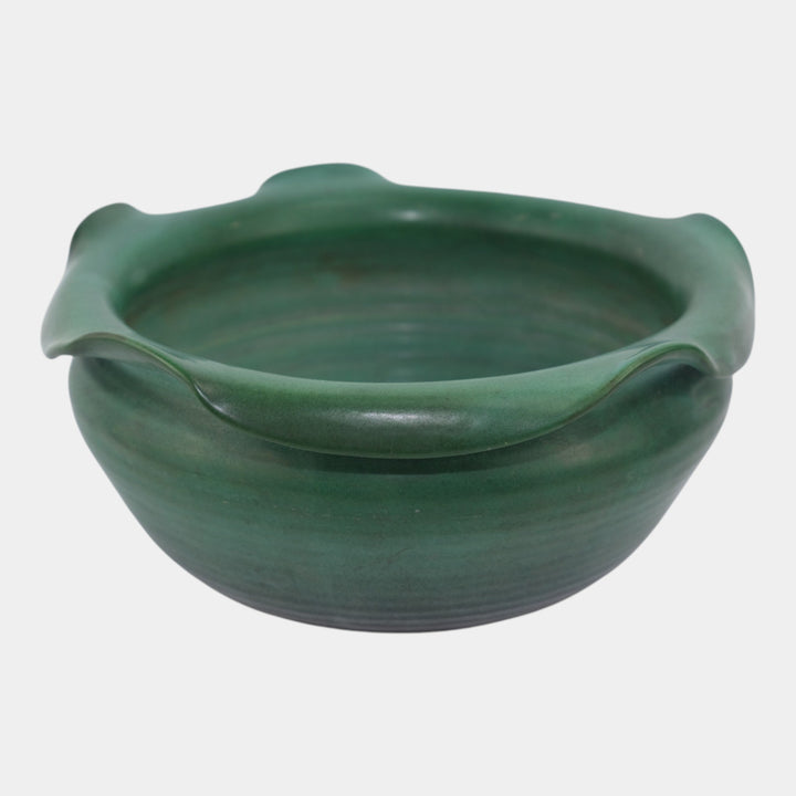 Weller Fleron 1920s Hand Made Arts And Crafts Pottery Green Ruffled Rim Bowl - Just Art Pottery