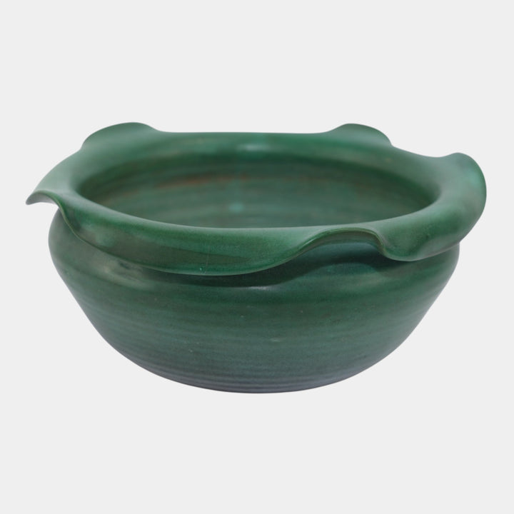 Weller Fleron 1920s Hand Made Arts And Crafts Pottery Green Ruffled Rim Bowl - Just Art Pottery