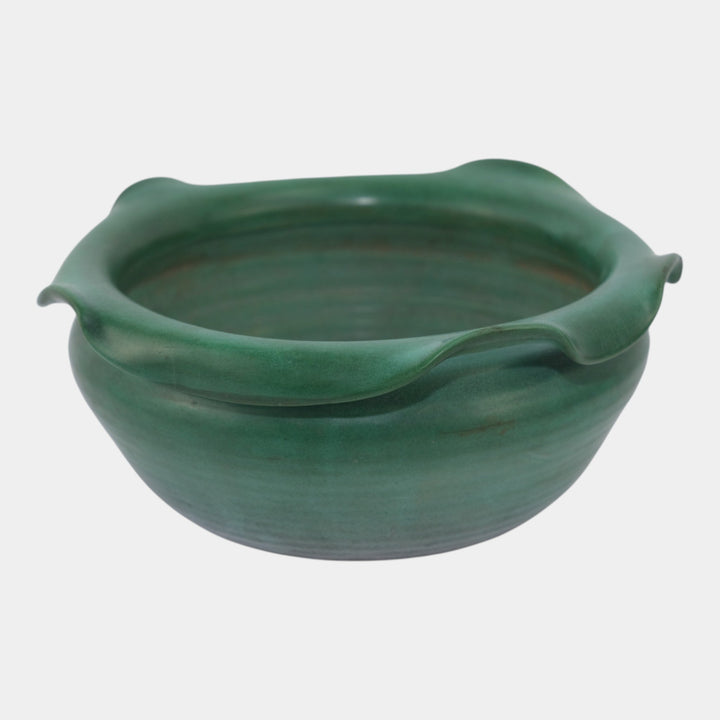 Weller Fleron 1920s Hand Made Arts And Crafts Pottery Green Ruffled Rim Bowl - Just Art Pottery