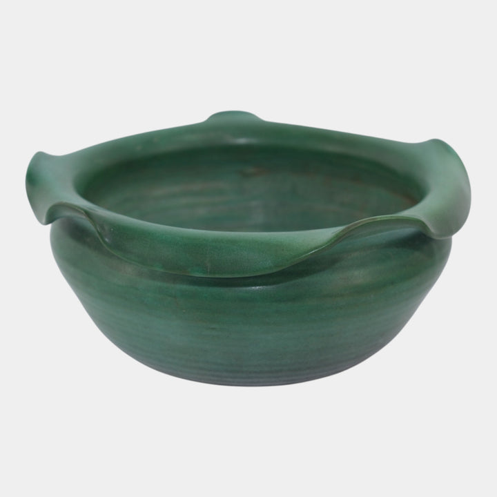 Weller Fleron 1920s Hand Made Arts And Crafts Pottery Green Ruffled Rim Bowl - Just Art Pottery