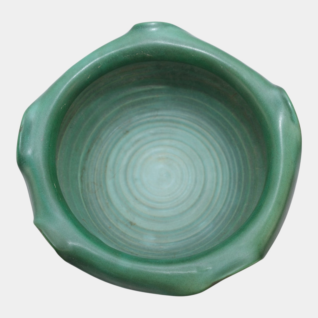Weller Fleron 1920s Hand Made Arts And Crafts Pottery Green Ruffled Rim Bowl - Just Art Pottery