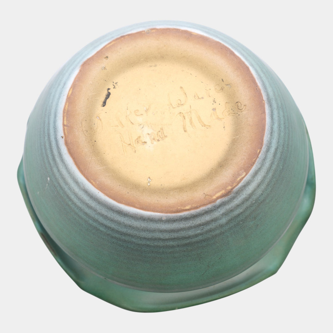 Weller Fleron 1920s Hand Made Arts And Crafts Pottery Green Ruffled Rim Bowl - Just Art Pottery