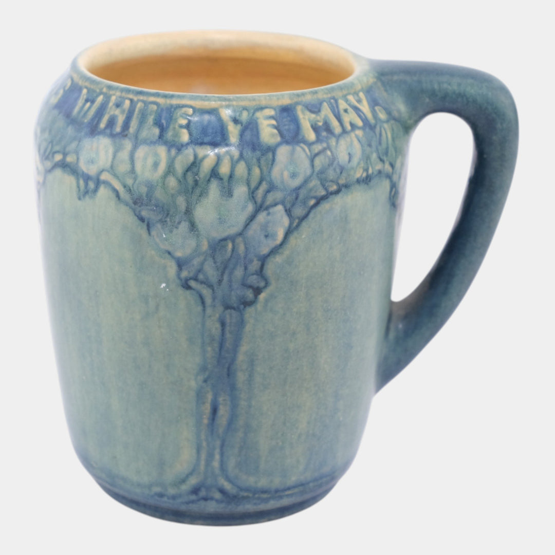 Newcomb College 1913 Art Pottery Hand Built Blue Floral Rose Motto Mug - Just Art Pottery