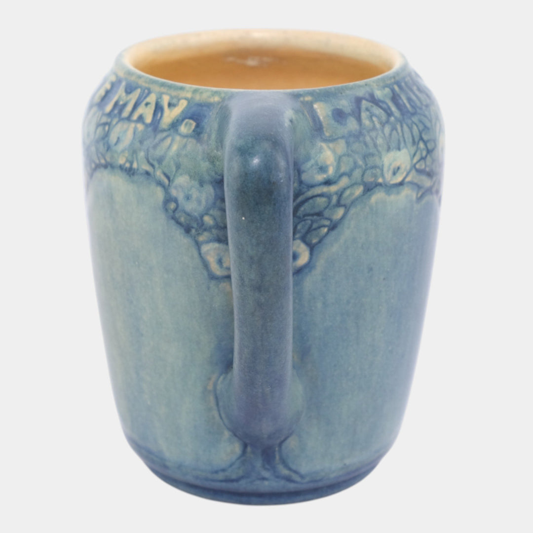 Newcomb College 1913 Art Pottery Hand Built Blue Floral Rose Motto Mug - Just Art Pottery
