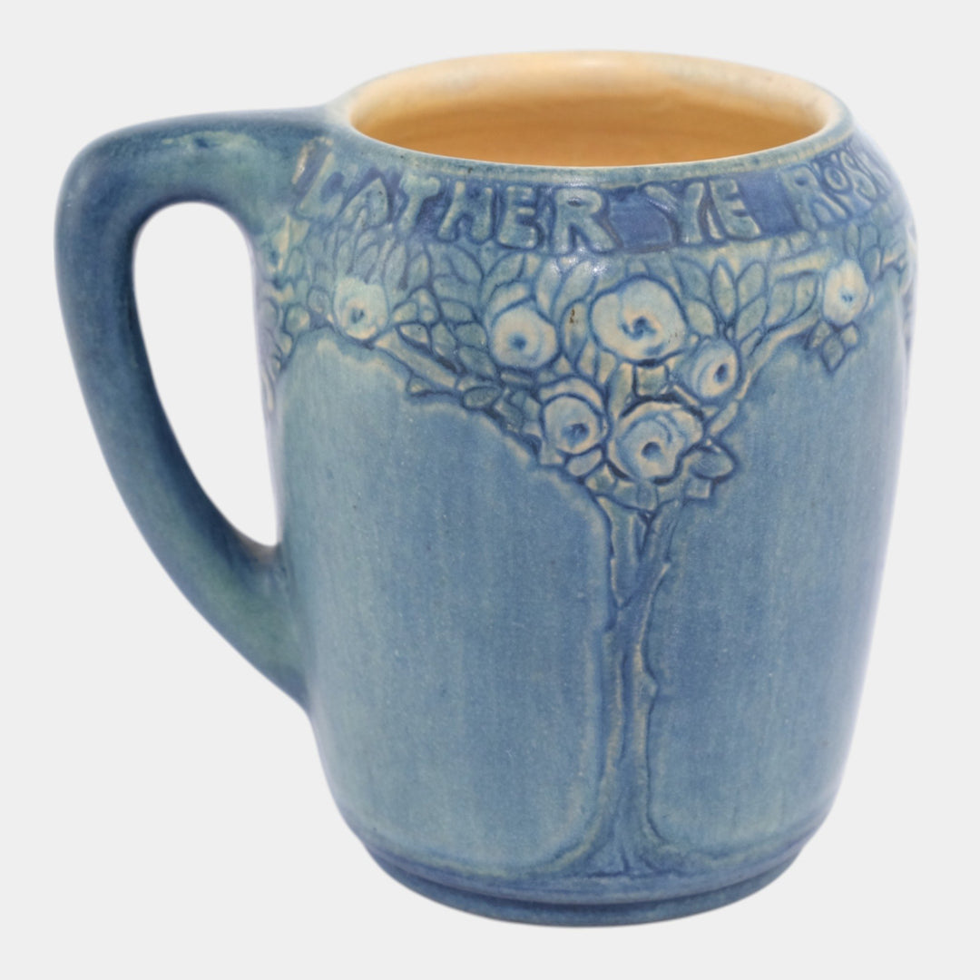 Newcomb College 1913 Art Pottery Hand Built Blue Floral Rose Motto Mug - Just Art Pottery