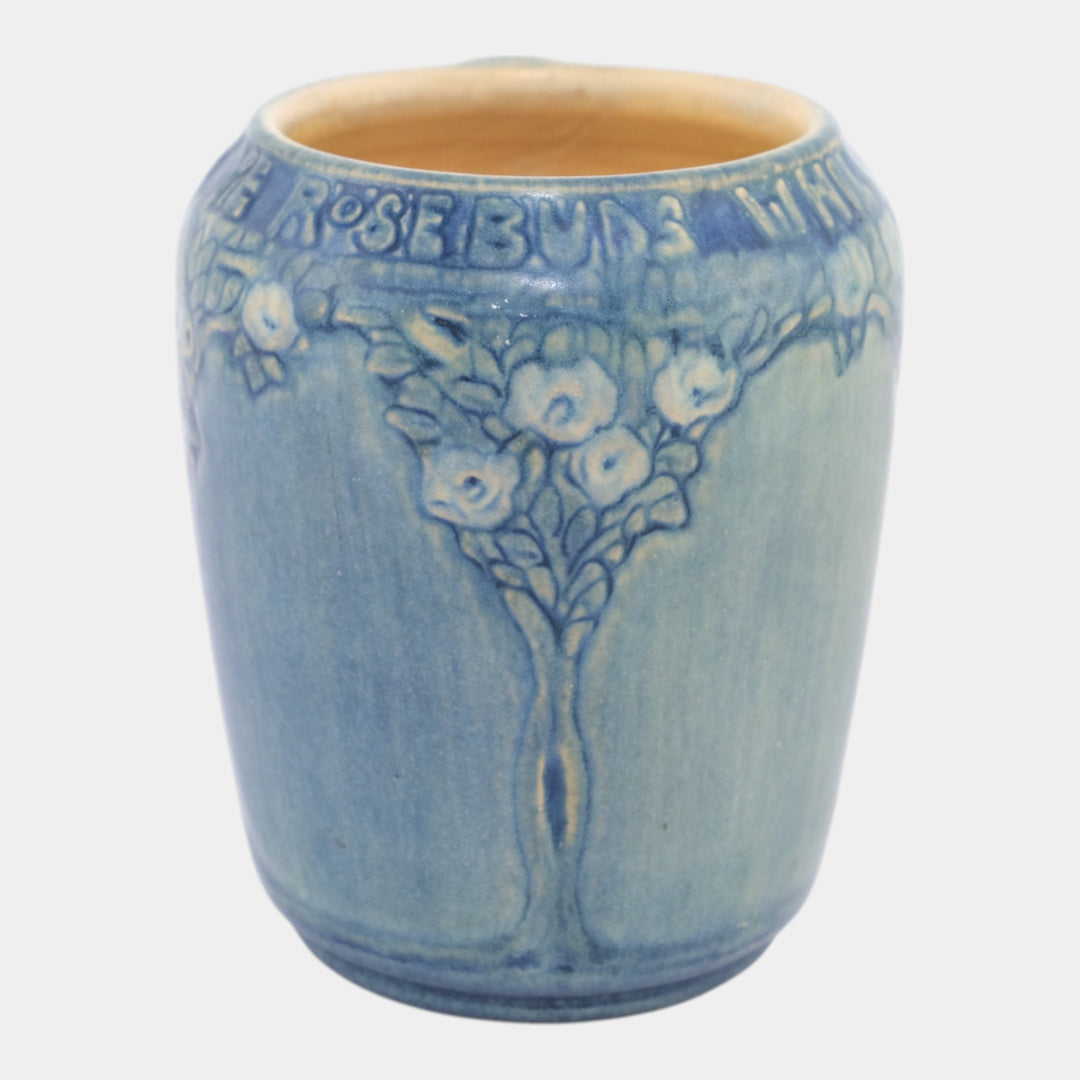Newcomb College 1913 Art Pottery Hand Built Blue Floral Rose Motto Mug - Just Art Pottery