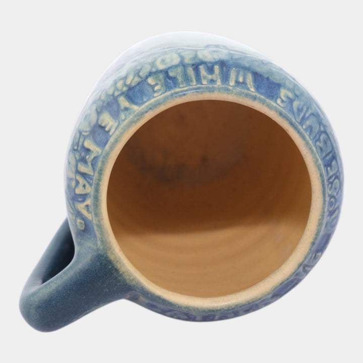 Newcomb College 1913 Art Pottery Hand Built Blue Floral Rose Motto Mug - Just Art Pottery