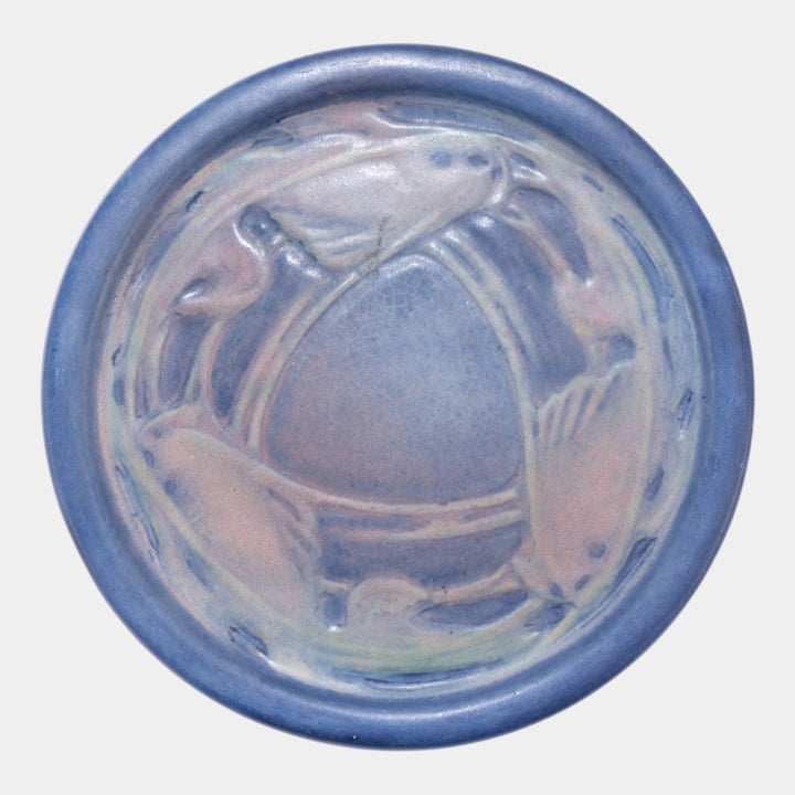 Newcomb College 1930 Vintage Pottery Blue Pink Swimming Fish Tile Trivet Irvine - Just Art Pottery