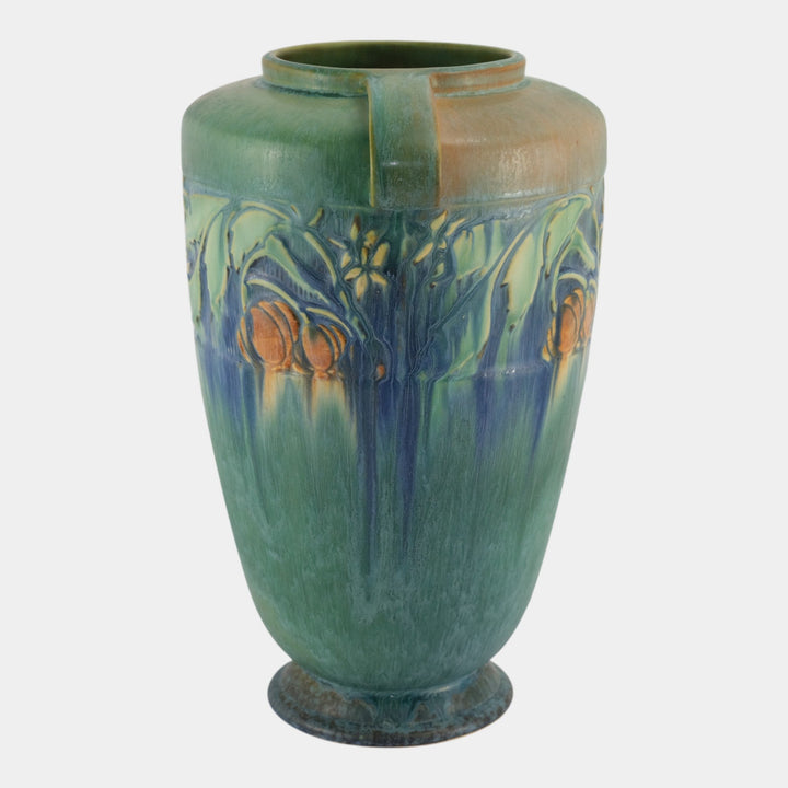 Roseville Baneda Green 1932 Vintage Arts And Crafts Handled Ceramic Vase 599-12 - Just Art Pottery