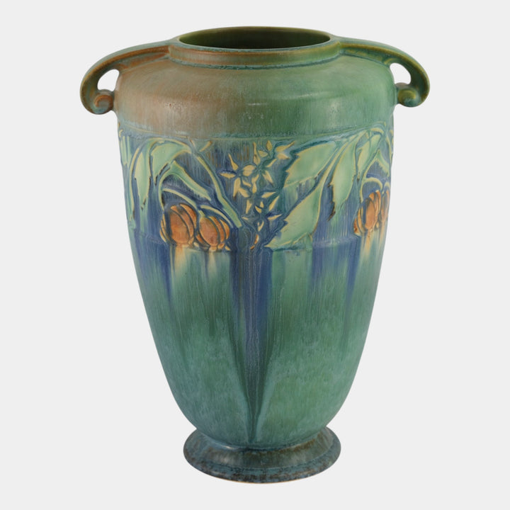 Roseville Baneda Green 1932 Vintage Arts And Crafts Handled Ceramic Vase 599-12 - Just Art Pottery
