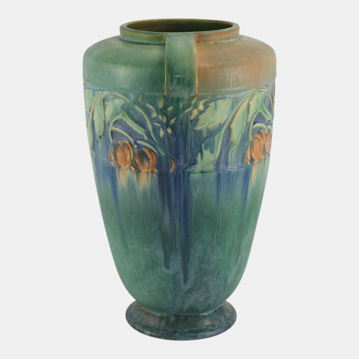 Roseville Baneda Green 1932 Vintage Arts And Crafts Handled Ceramic Vase 599-12 - Just Art Pottery