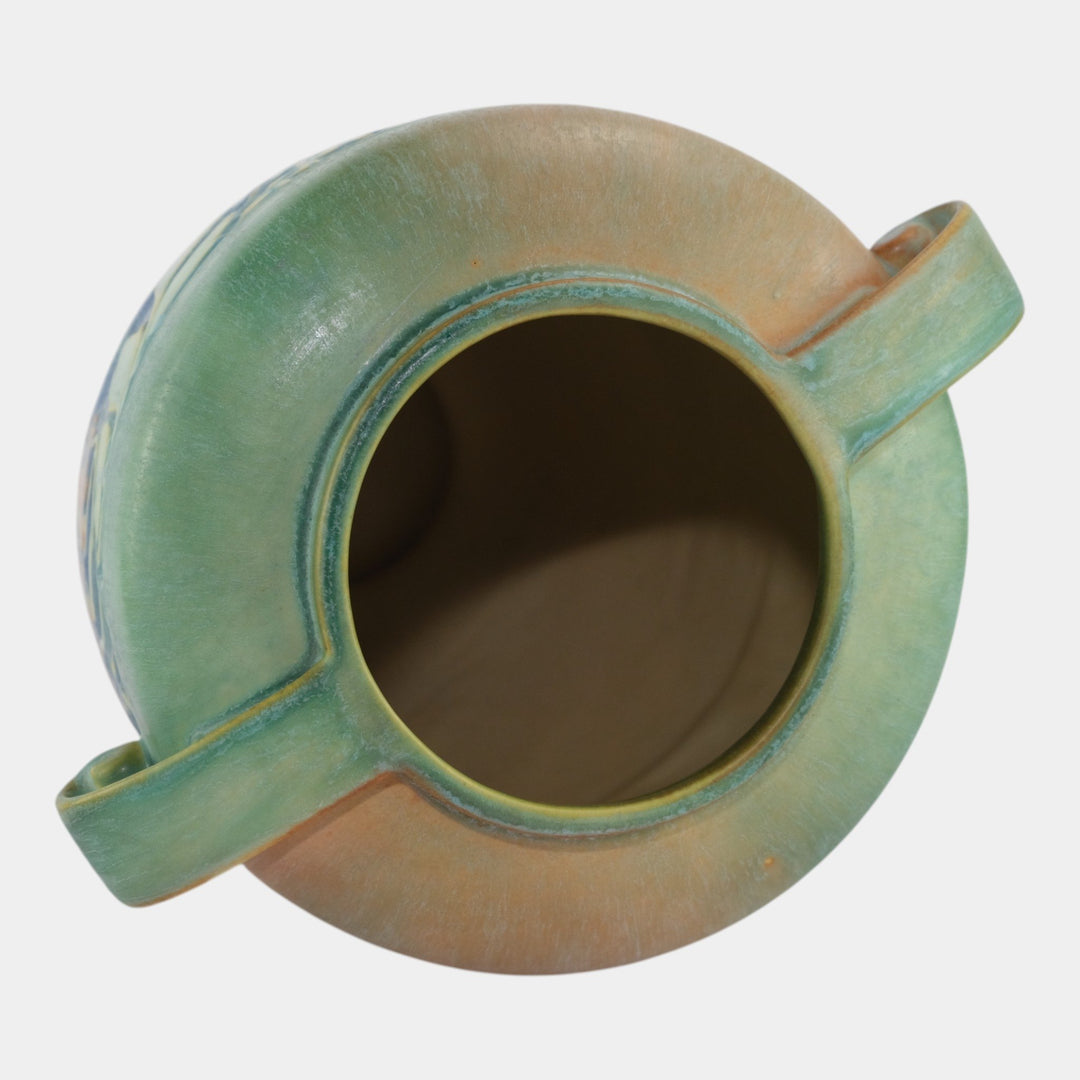 Roseville Baneda Green 1932 Vintage Arts And Crafts Handled Ceramic Vase 599-12 - Just Art Pottery