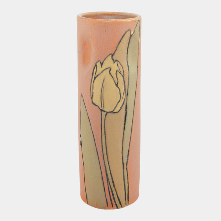 Weller Pottery Etched Matte Orange Arts and Crafts Yellow Tulip Cylinder Vase - Just Art Pottery