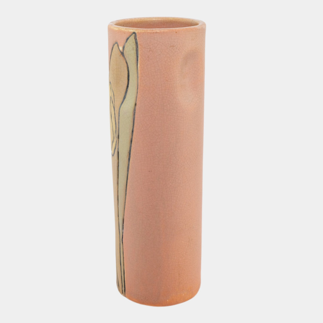 Weller Pottery Etched Matte Orange Arts and Crafts Yellow Tulip Cylinder Vase - Just Art Pottery