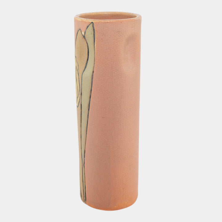 Weller Pottery Etched Matte Orange Arts and Crafts Yellow Tulip Cylinder Vase - Just Art Pottery