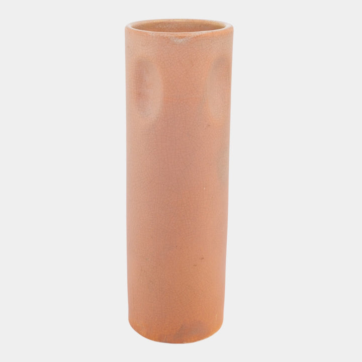 Weller Pottery Etched Matte Orange Arts and Crafts Yellow Tulip Cylinder Vase - Just Art Pottery