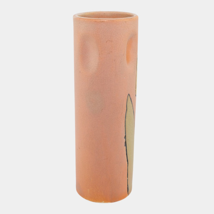 Weller Pottery Etched Matte Orange Arts and Crafts Yellow Tulip Cylinder Vase - Just Art Pottery