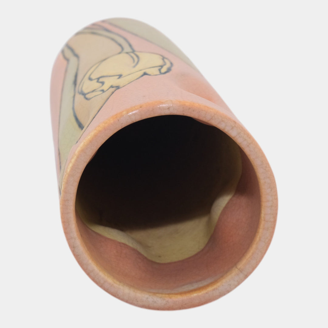 Weller Pottery Etched Matte Orange Arts and Crafts Yellow Tulip Cylinder Vase - Just Art Pottery