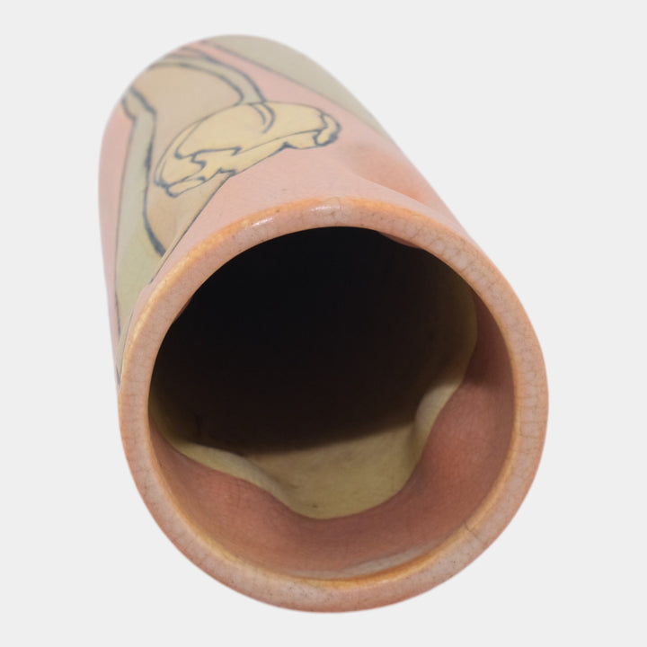 Weller Pottery Etched Matte Orange Arts and Crafts Yellow Tulip Cylinder Vase - Just Art Pottery