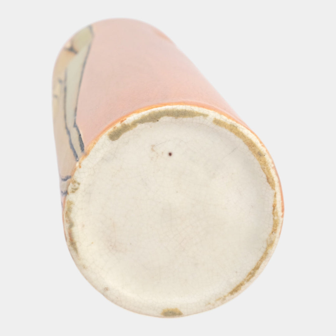 Weller Pottery Etched Matte Orange Arts and Crafts Yellow Tulip Cylinder Vase - Just Art Pottery