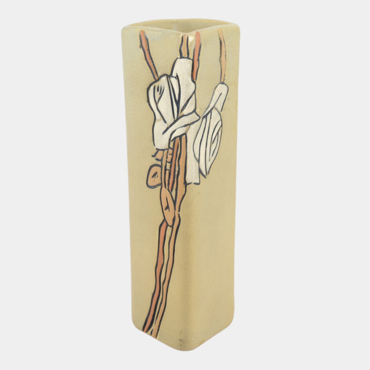 Weller Etched Matte 1905 Vintage Art Pottery Floral Ivory Ceramic Square Vase - Just Art Pottery