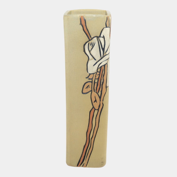 Weller Etched Matte 1905 Vintage Art Pottery Floral Ivory Ceramic Square Vase - Just Art Pottery