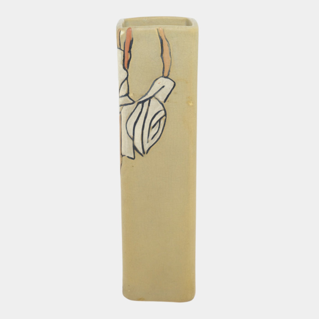 Weller Etched Matte 1905 Vintage Art Pottery Floral Ivory Ceramic Square Vase - Just Art Pottery