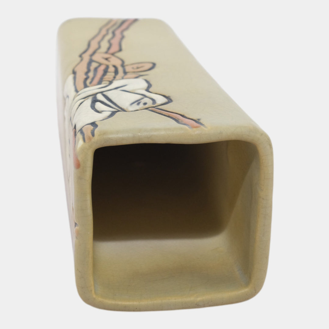 Weller Etched Matte 1905 Vintage Art Pottery Floral Ivory Ceramic Square Vase - Just Art Pottery