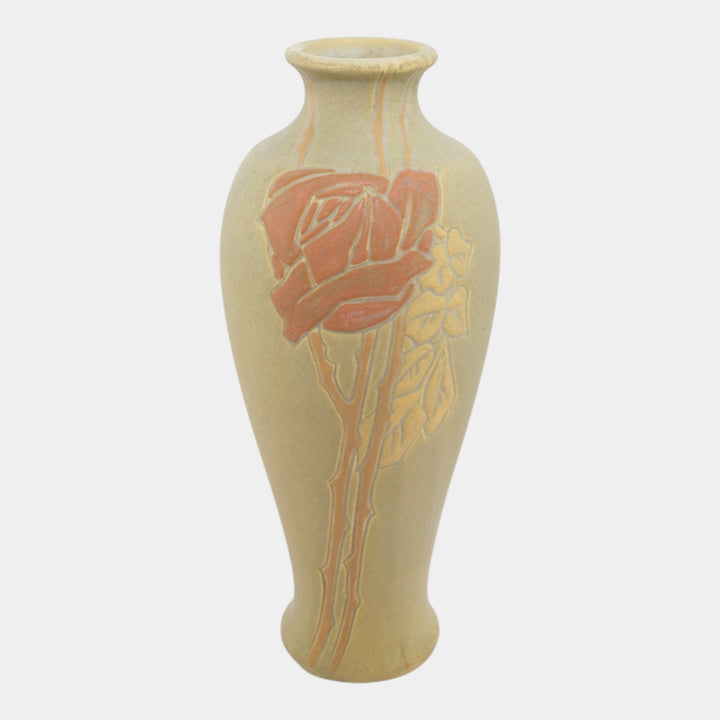 Weller Etched Matte 1905 Vintage Art Pottery Red Rose Green Ceramic Vase - Just Art Pottery