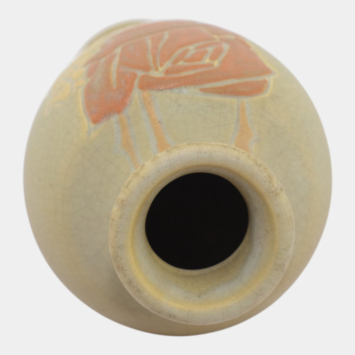 Weller Etched Matte 1905 Vintage Art Pottery Red Rose Green Ceramic Vase - Just Art Pottery