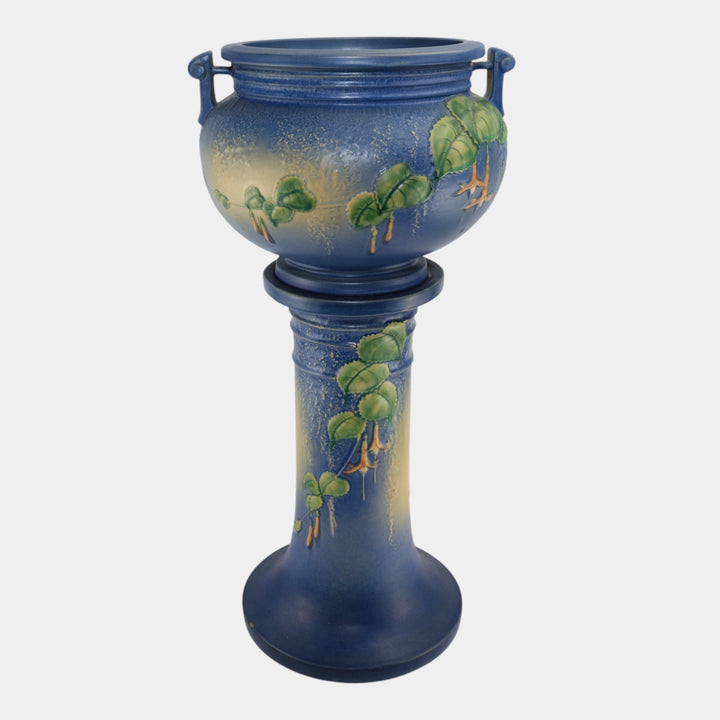 Roseville Fuchsia Blue 1938 Vintage Art Pottery Jardiniere And Pedestal 645-8 - Just Art Pottery