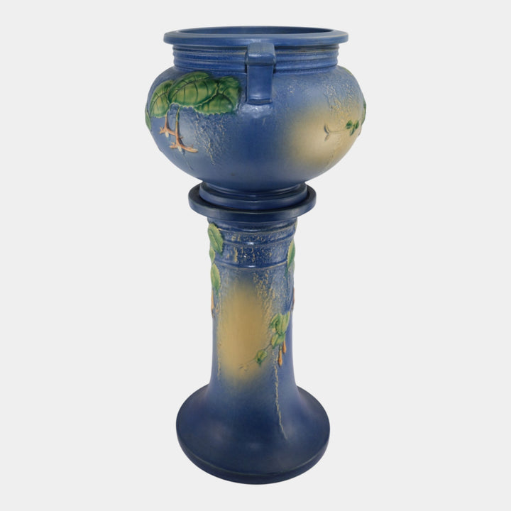 Roseville Fuchsia Blue 1938 Vintage Art Pottery Jardiniere And Pedestal 645-8 - Just Art Pottery