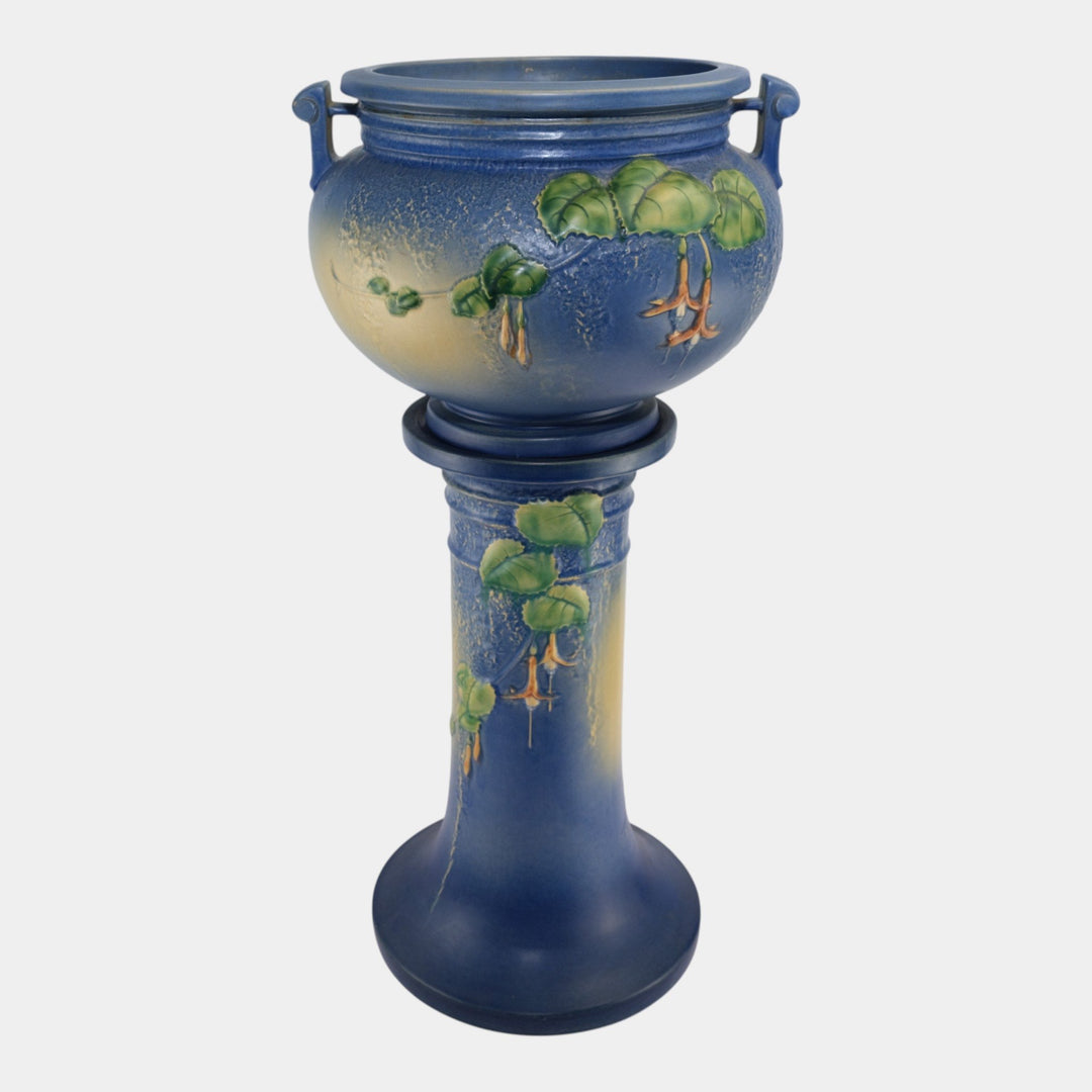 Roseville Fuchsia Blue 1938 Vintage Art Pottery Jardiniere And Pedestal 645-8 - Just Art Pottery