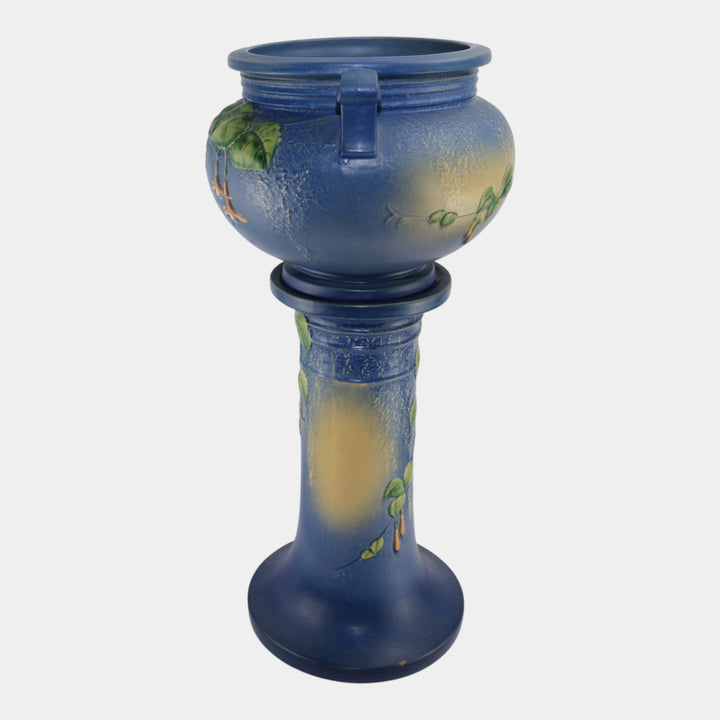 Roseville Fuchsia Blue 1938 Vintage Art Pottery Jardiniere And Pedestal 645-8 - Just Art Pottery