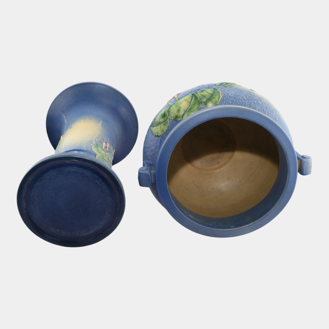 Roseville Fuchsia Blue 1938 Vintage Art Pottery Jardiniere And Pedestal 645-8 - Just Art Pottery