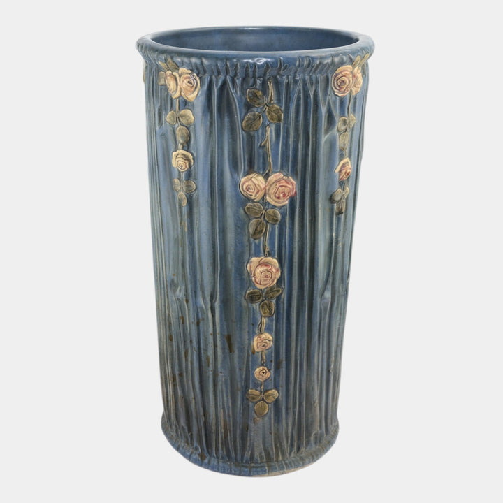 Weller Blue Drapery 1915 Antique Pottery Red Floral Blue Ceramic Umbrella Stand - Just Art Pottery