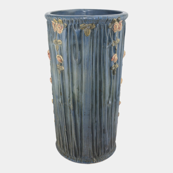 Weller Blue Drapery 1915 Antique Pottery Red Floral Blue Ceramic Umbrella Stand - Just Art Pottery