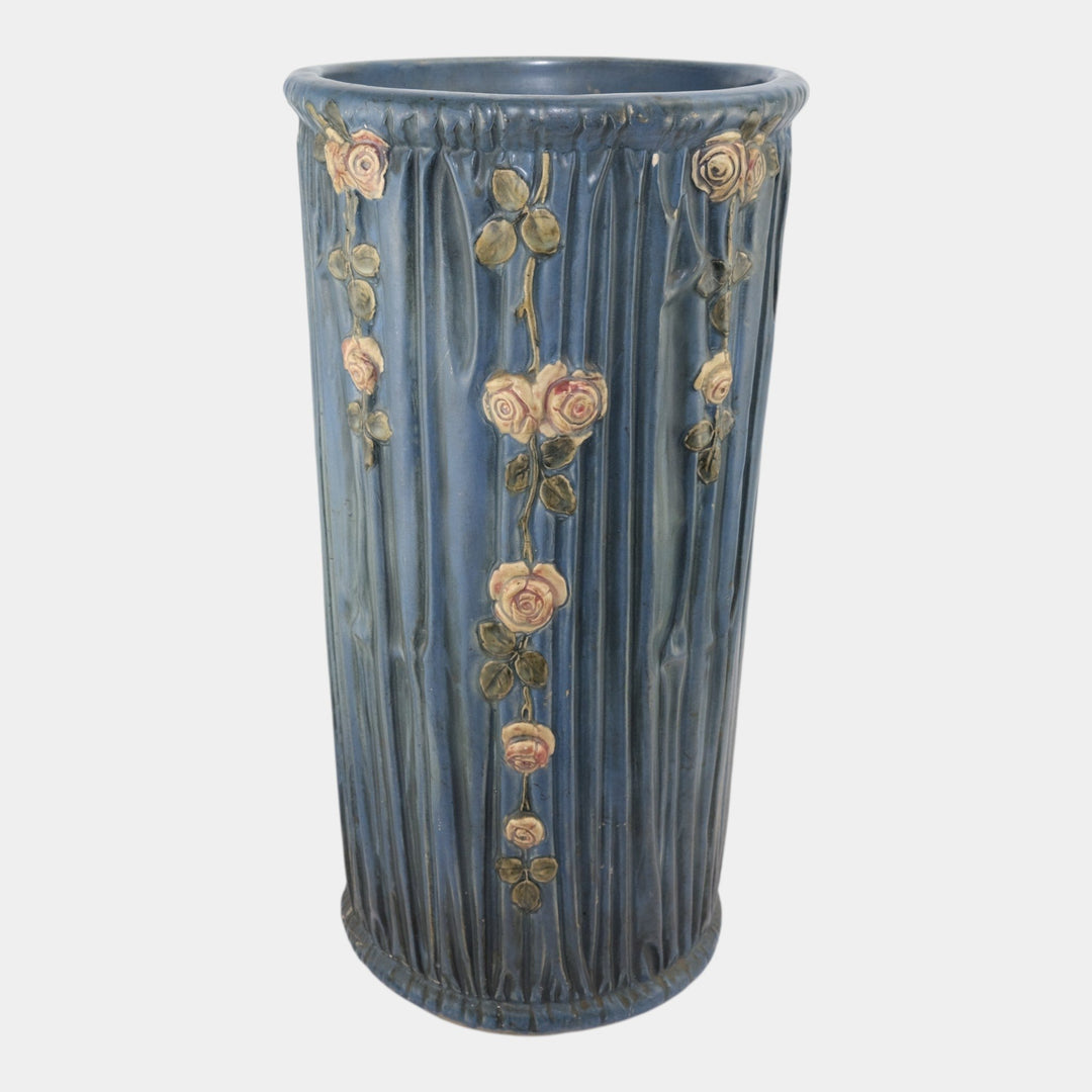 Weller Blue Drapery 1915 Antique Pottery Red Floral Blue Ceramic Umbrella Stand - Just Art Pottery