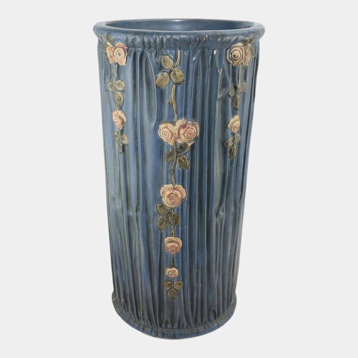 Weller Blue Drapery 1915 Antique Pottery Red Floral Blue Ceramic Umbrella Stand - Just Art Pottery
