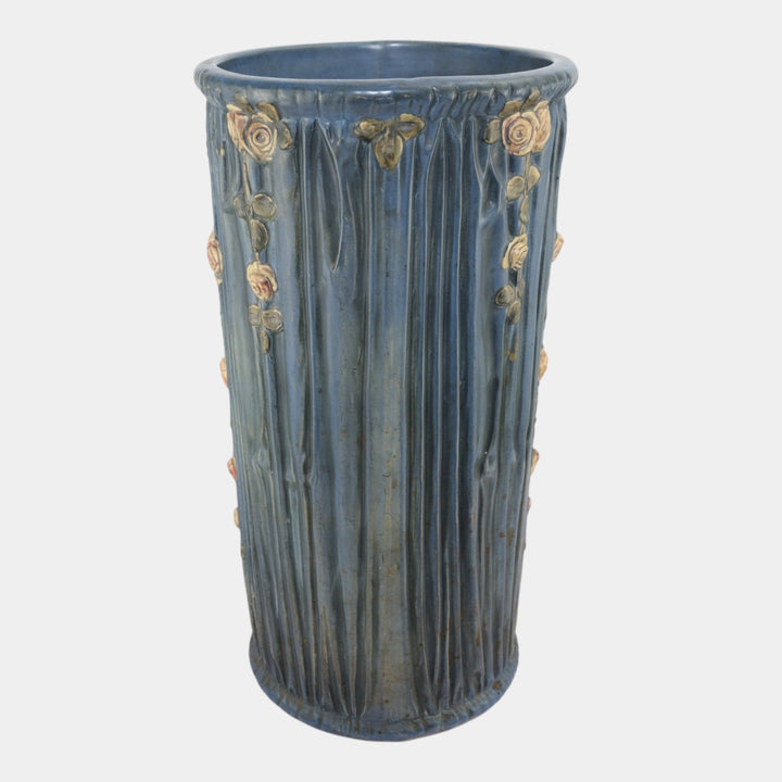 Weller Blue Drapery 1915 Antique Pottery Red Floral Blue Ceramic Umbrella Stand - Just Art Pottery