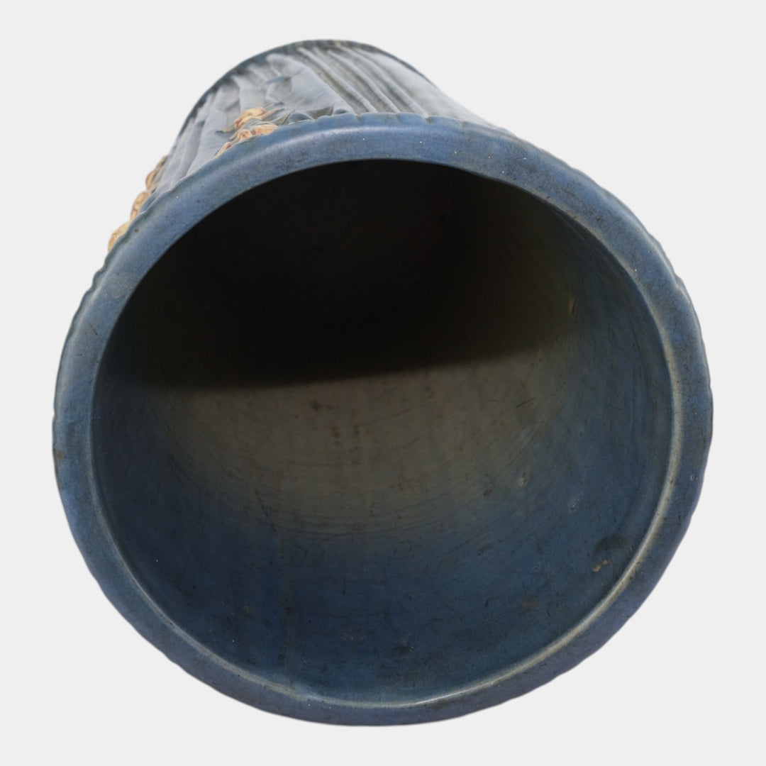 Weller Blue Drapery 1915 Antique Pottery Red Floral Blue Ceramic Umbrella Stand - Just Art Pottery