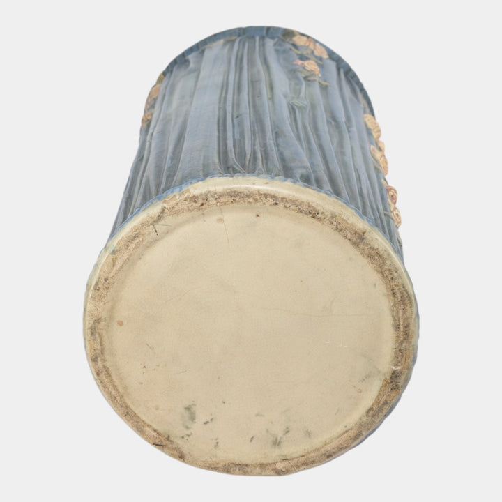 Weller Blue Drapery 1915 Antique Pottery Red Floral Blue Ceramic Umbrella Stand - Just Art Pottery