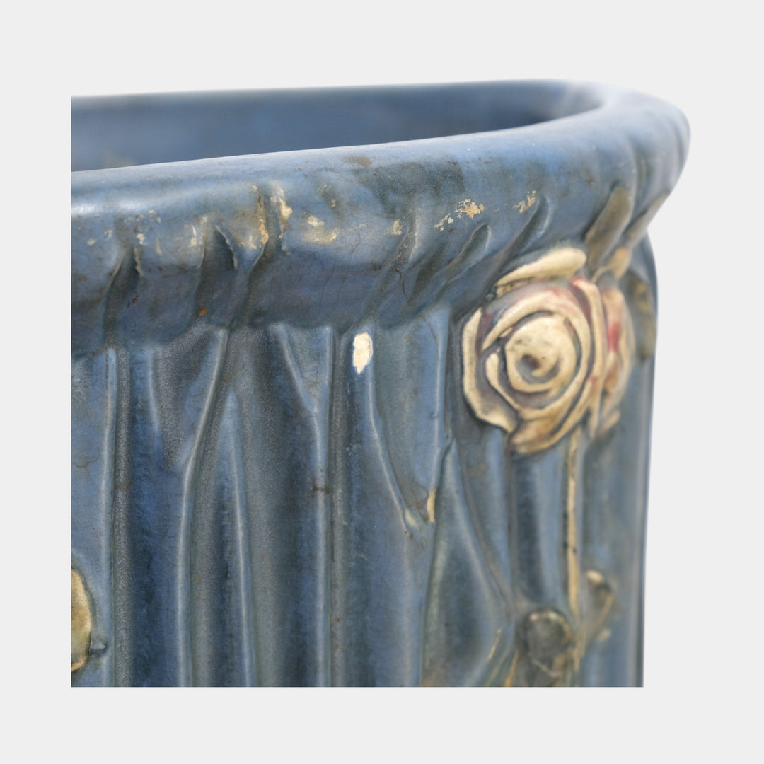 Weller Blue Drapery 1915 Antique Pottery Red Floral Blue Ceramic Umbrella Stand - Just Art Pottery