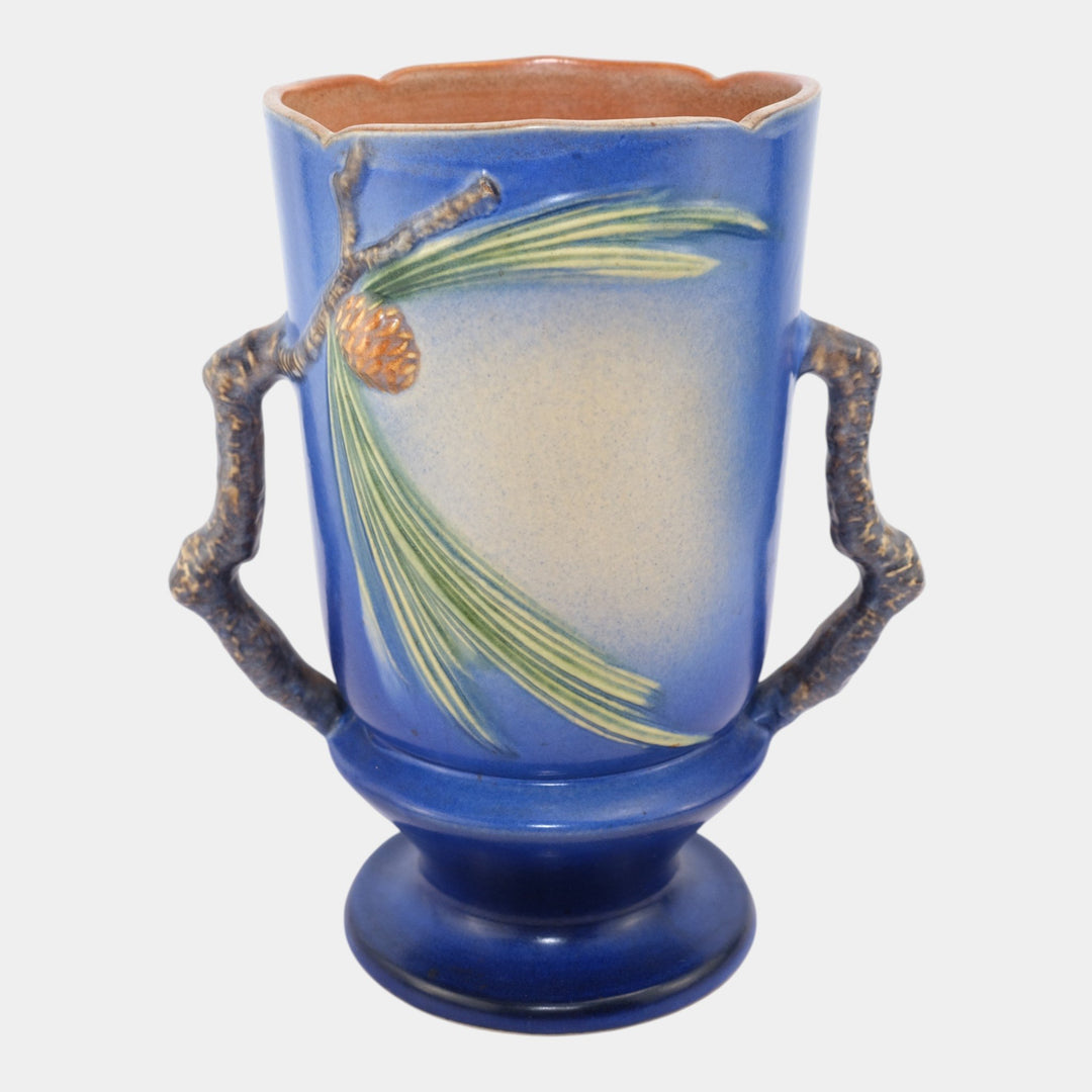 Roseville Pinecone Blue 1940 Art Pottery Ceramic Handled Flower Vase 910-10 - Just Art Pottery