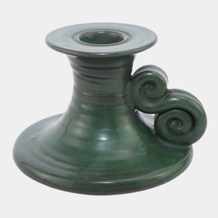 Marblehead Vintage Art Pottery Green Handled Chamberstick Candle Holder - Just Art Pottery