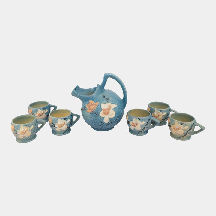 Roseville Magnolia Blue 1943 Art Pottery Ceramic Pitcher And Mugs 1327 3-3 - Just Art Pottery