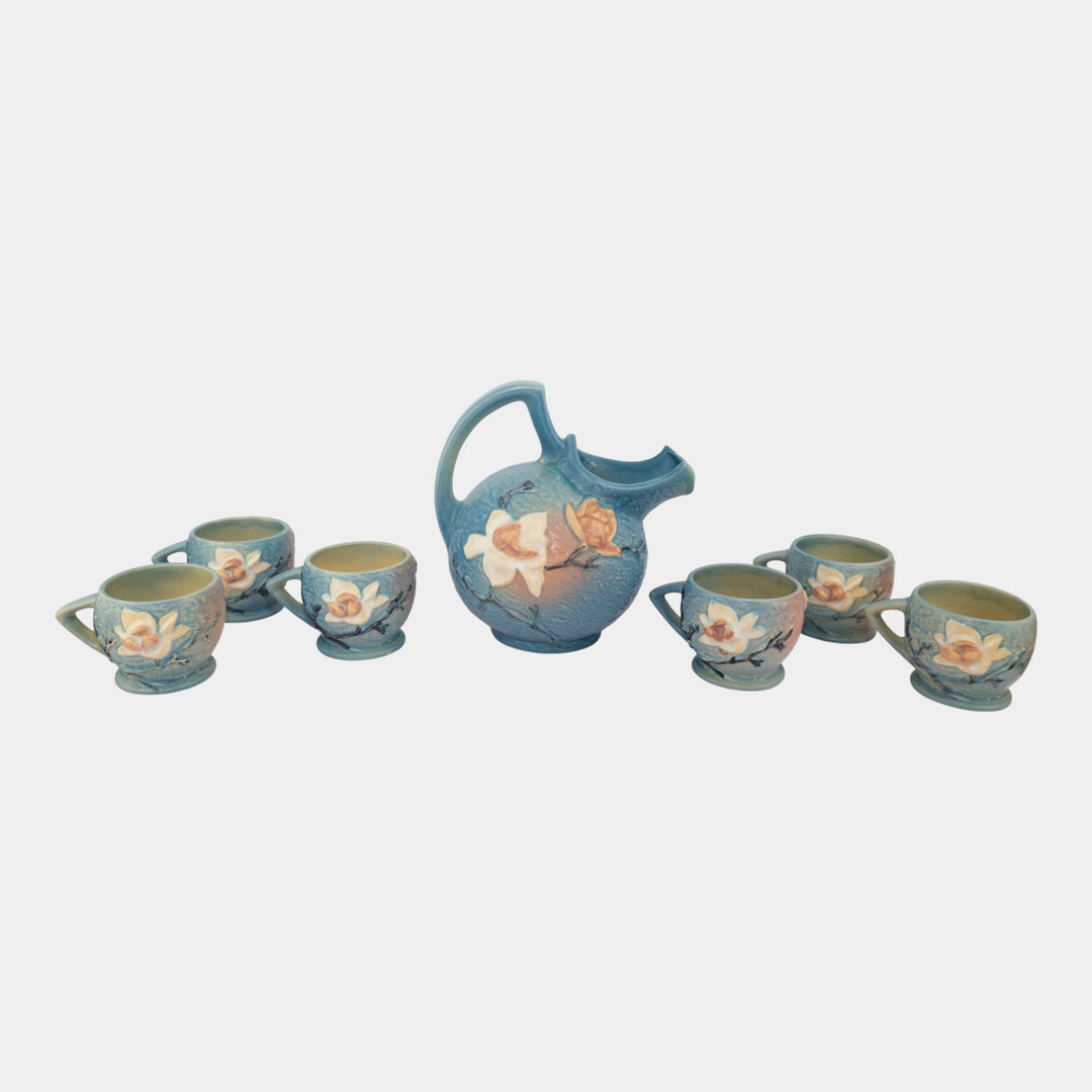 Roseville Magnolia Blue 1943 Art Pottery Ceramic Pitcher And Mugs 1327 3-3 - Just Art Pottery